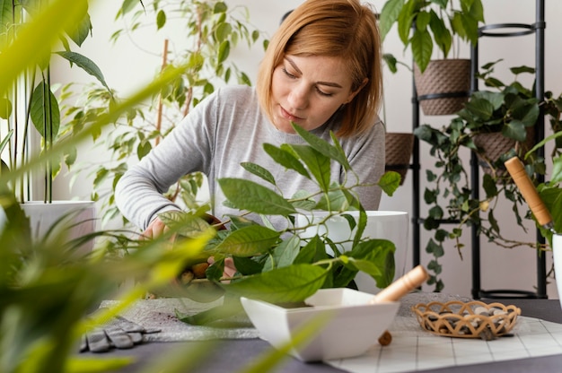 Free photo medium shot woman gardening at home