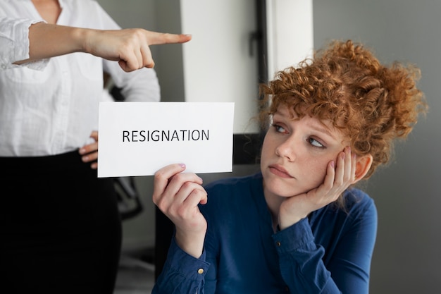 Medium shot woman holding resignation note