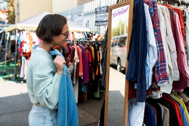 Medium shot woman holding shirt