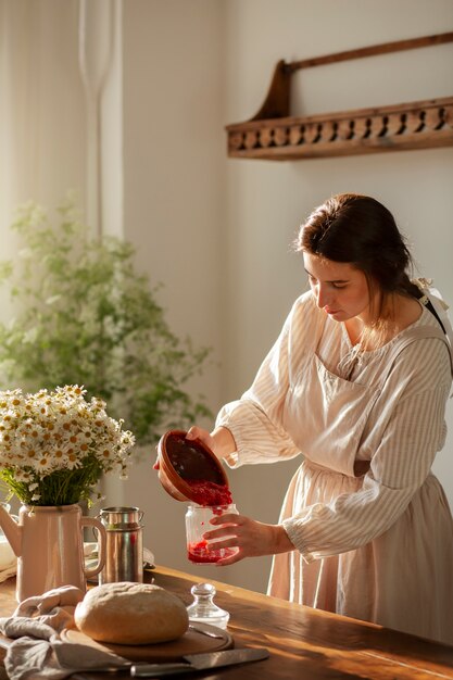 Medium shot woman living at farmhouse