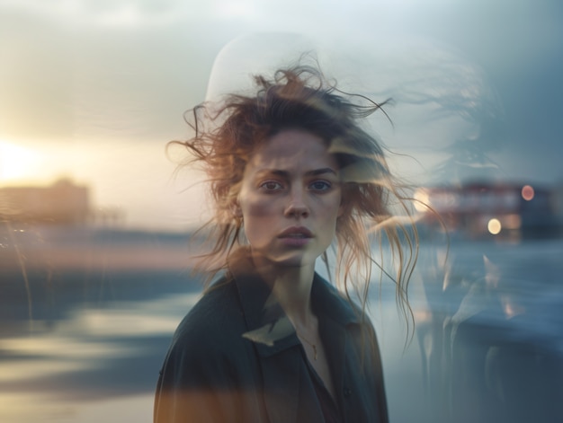 Medium shot woman posing with double exposure