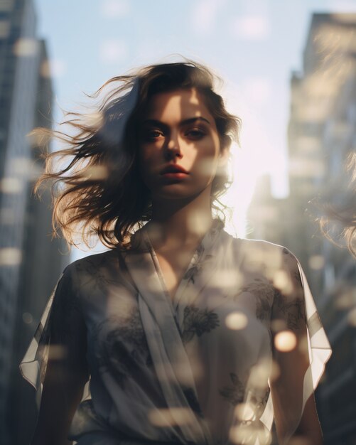 Medium shot woman posing with double exposure