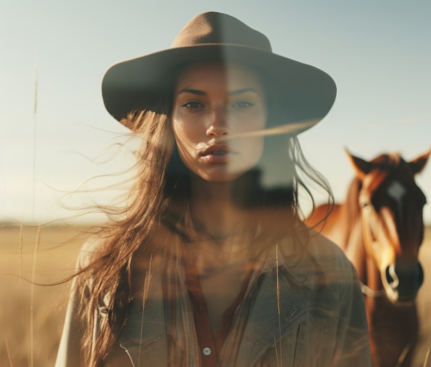 Medium shot woman posing with double exposure