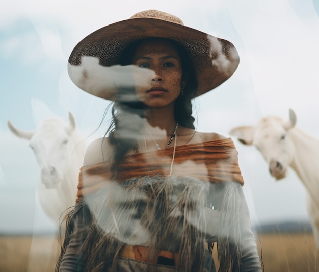 Free photo medium shot woman posing with double exposure