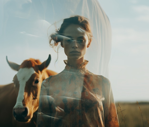 Free photo medium shot woman posing with double exposure