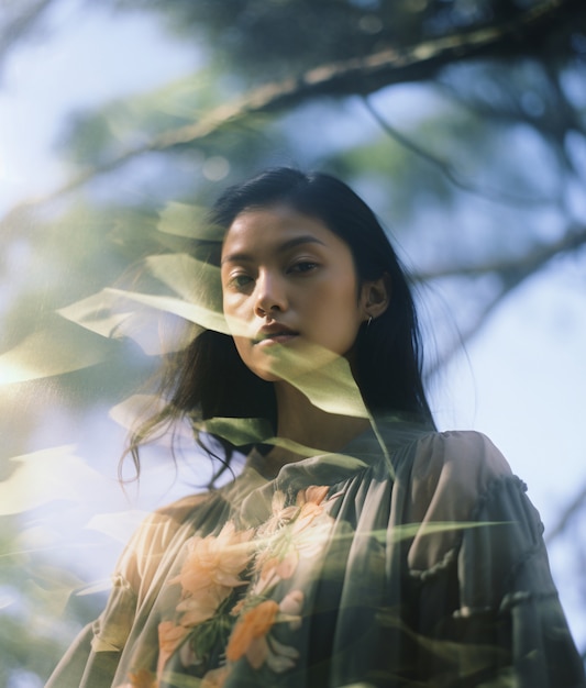 Free Photo medium shot woman posing with double exposure