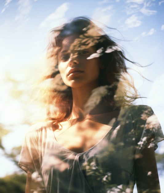 Free photo medium shot woman posing with double exposure