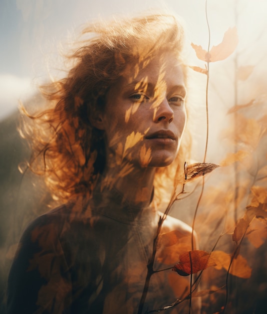 Free Photo medium shot woman posing with double exposure