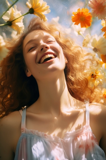 Medium shot woman posing with flowers