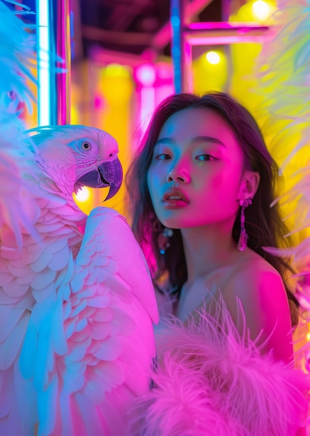 Medium shot woman posing with parrot