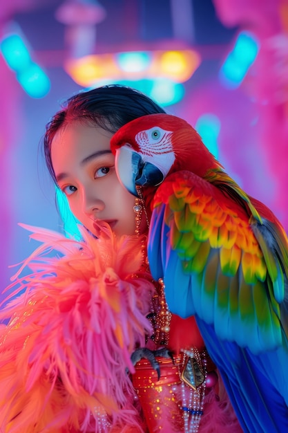 Medium shot woman posing with parrot