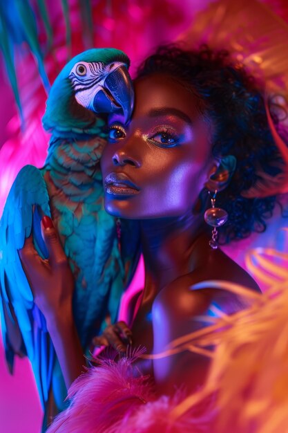 Medium shot woman posing with parrot