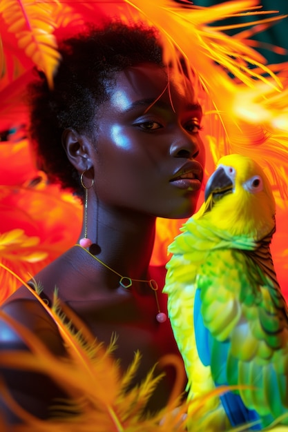 Medium shot woman posing with parrot