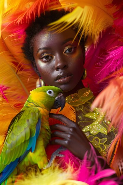 Medium shot woman posing with parrot