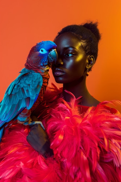 Free Photo medium shot woman posing with parrot