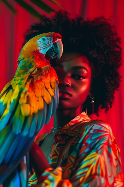 Free Photo medium shot woman posing with parrot