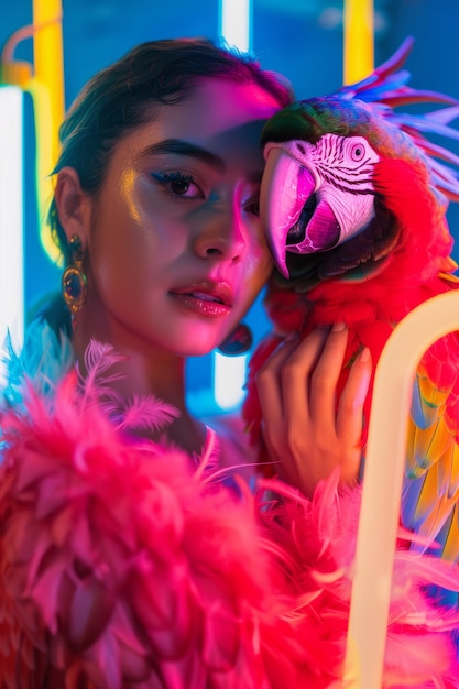 Medium shot woman posing with parrot