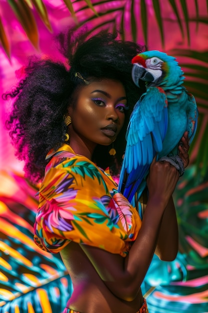 Medium shot woman posing with parrot