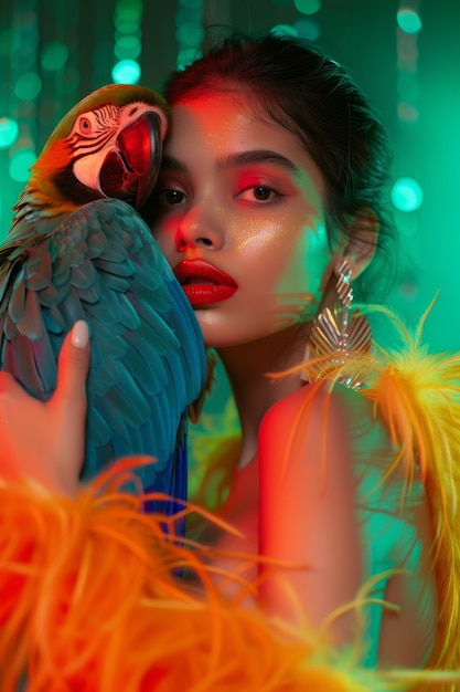 Medium shot woman posing with parrot