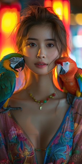 Medium shot woman posing with parrot