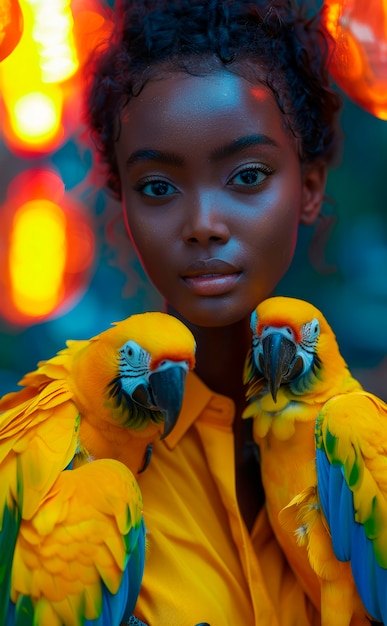 Free photo medium shot woman posing with parrot