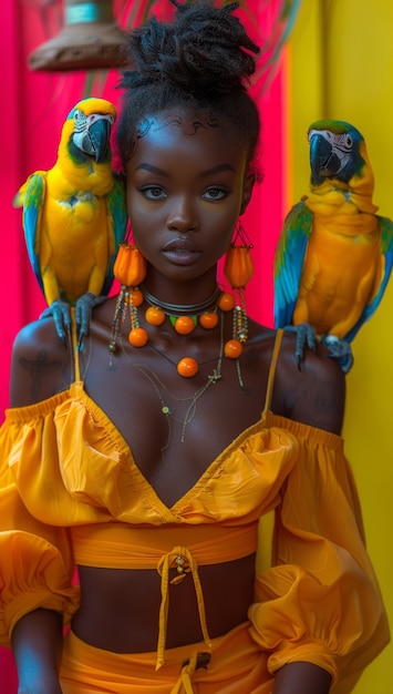 Free photo medium shot woman posing with parrot