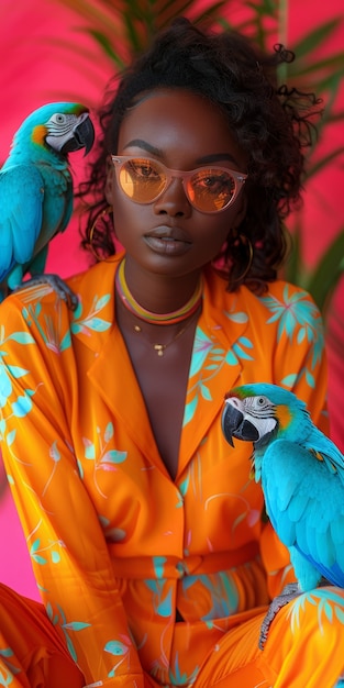 Medium shot woman posing with parrot