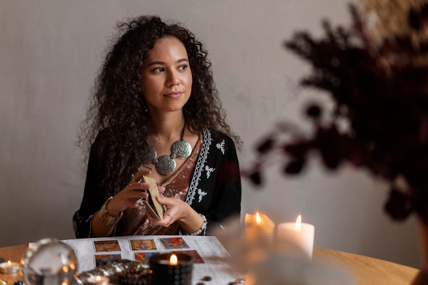 Medium shot woman reading tarot at home