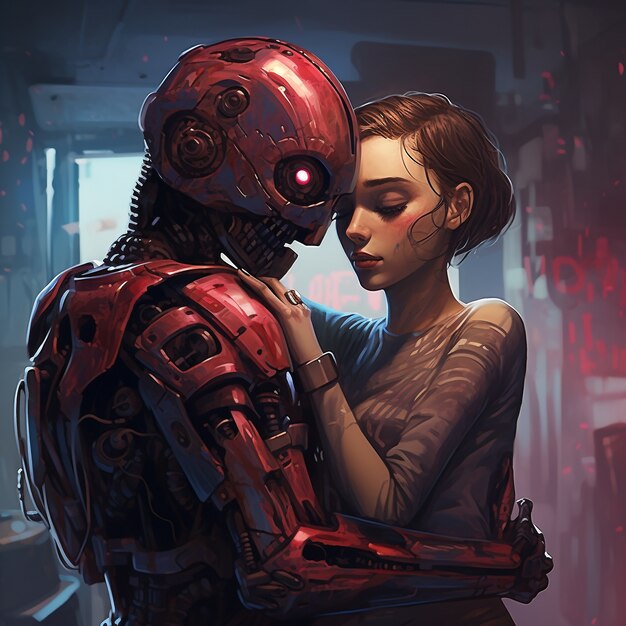 Medium shot woman and robot hugging