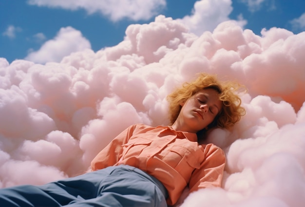 Free photo medium shot woman sleeping on clouds