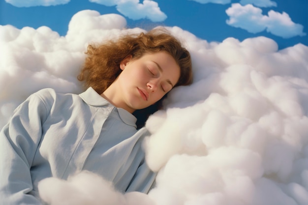 Medium shot woman sleeping on clouds