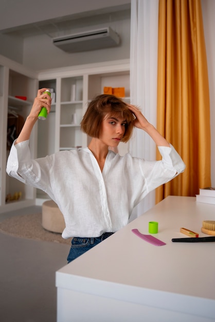 Free photo medium shot woman using dry shampoo at home