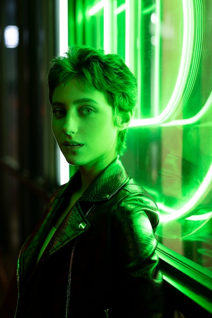 Medium shot woman with neon light