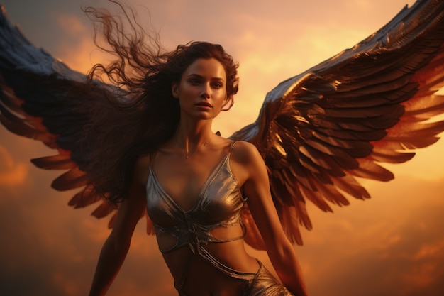 Free photo medium shot woman with wings flying