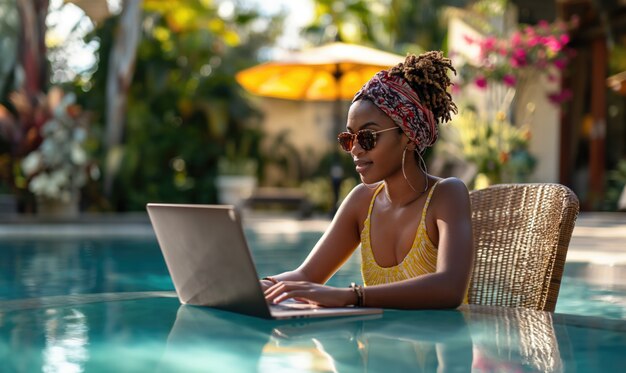 Medium shot woman working by the pool