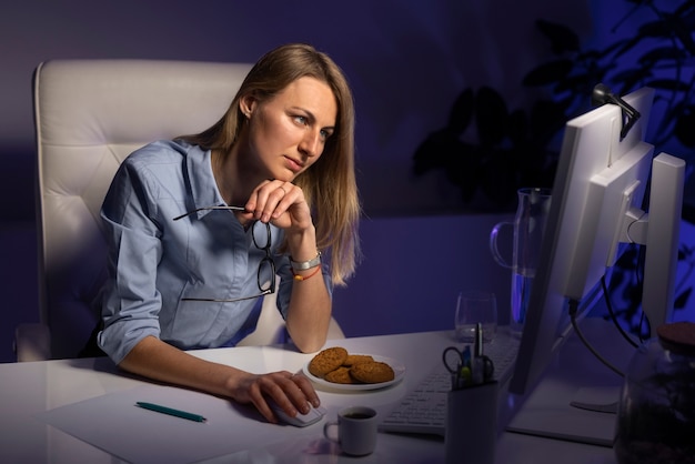 Medium shot woman working late at night