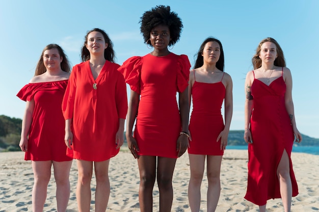 Medium shot women with red clothes