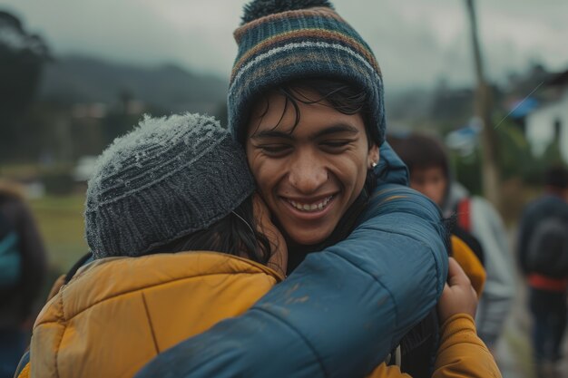 Medium shot young men hugging