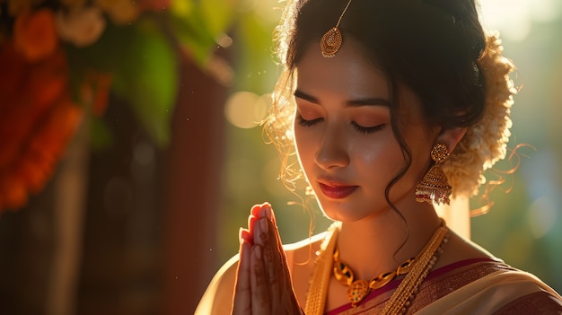 Medium shot young woman celebrating tamil new year