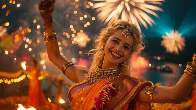 Medium shot young woman celebrating tamil new year