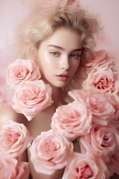 Medium shot young woman posing with roses