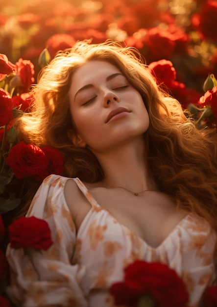 Medium shot young woman posing with roses