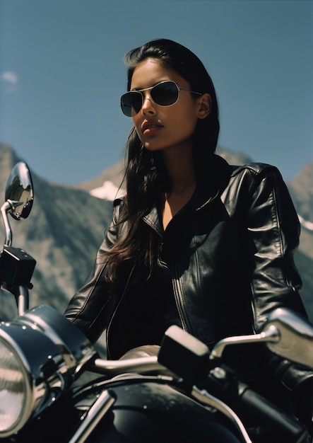 Free photo medium shot young woman riding motorcycle