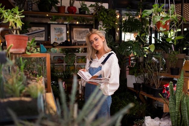 Medium shot young woman surrounded by plants