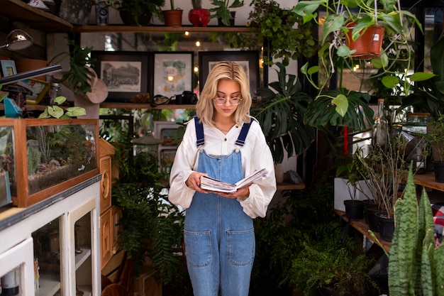 Medium shot young woman surrounded by plants