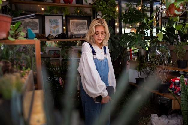 Free photo medium shot young woman surrounded by plants