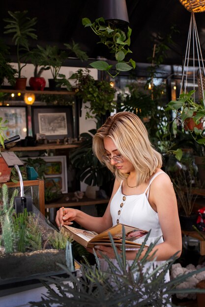 Medium shot young woman surrounded by plants