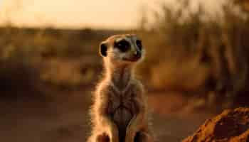 Free photo a meerkat sits on a saddle in the desert.