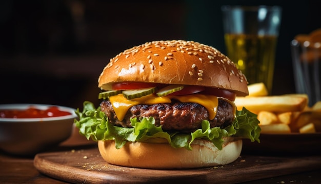 Melting cheddar on grilled beef burger meal generated by AI