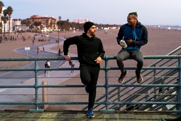 Men getting ready for sport at night